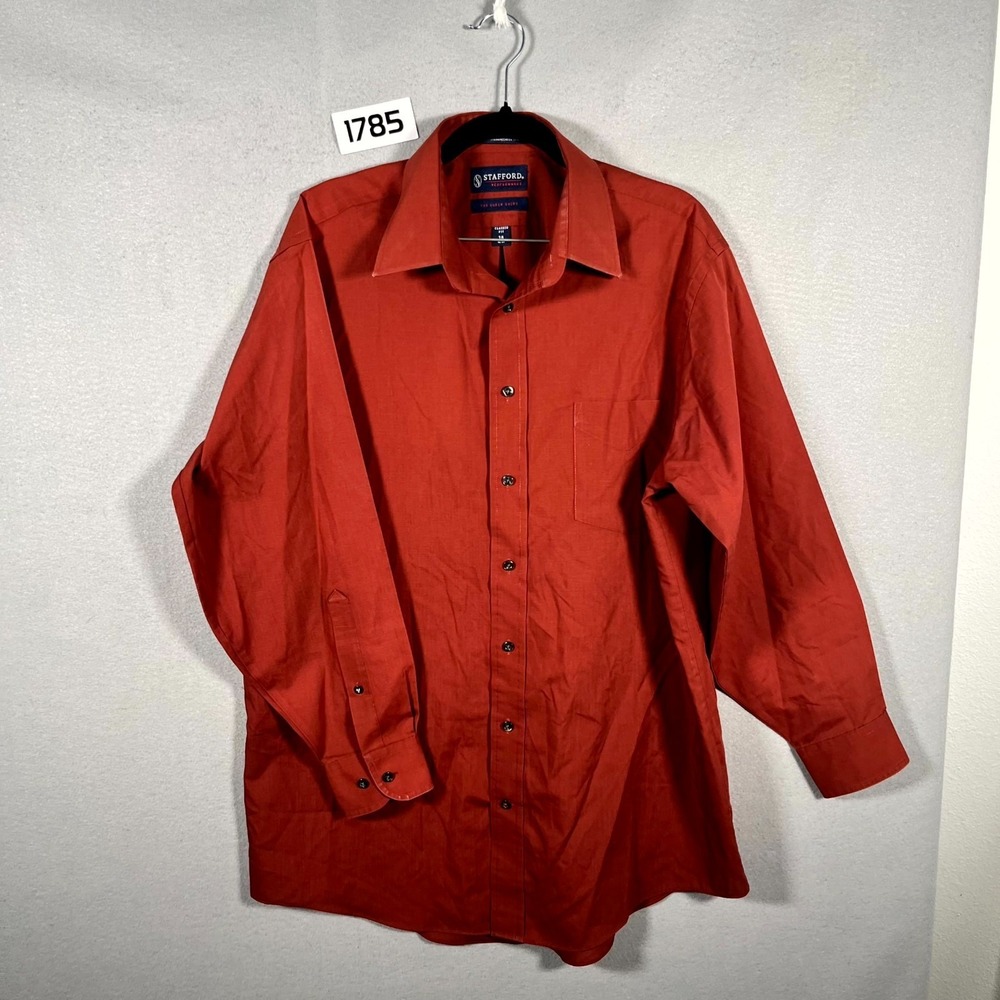 Stafford Performance Super Dress Shirt Mens 16 Red Classic Fit Cotton Formal